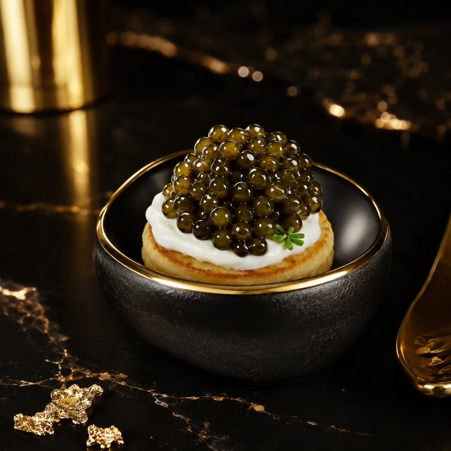 Caviar served on a small dish in an elegant dining setting