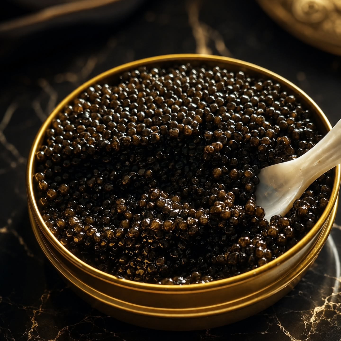 Caviar presented in a round tin
